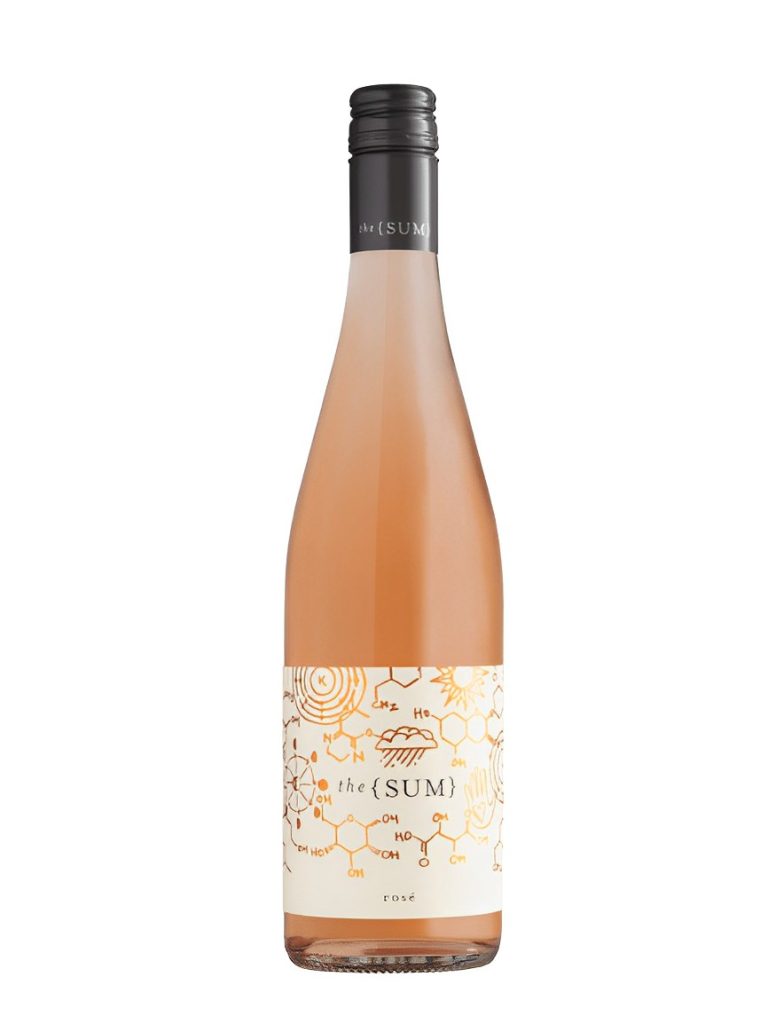 A sleek, slender bottle of Castelli Estate The Sum Rose wine, featuring the winery's name and the wine's title in elegant typography. The bottle's soft, rosy hue hints at the delicate, refreshing flavours.