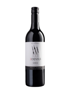 bottle of 3 devils shiraz from gilberts winery, mount barker. Bottle is on a white background.