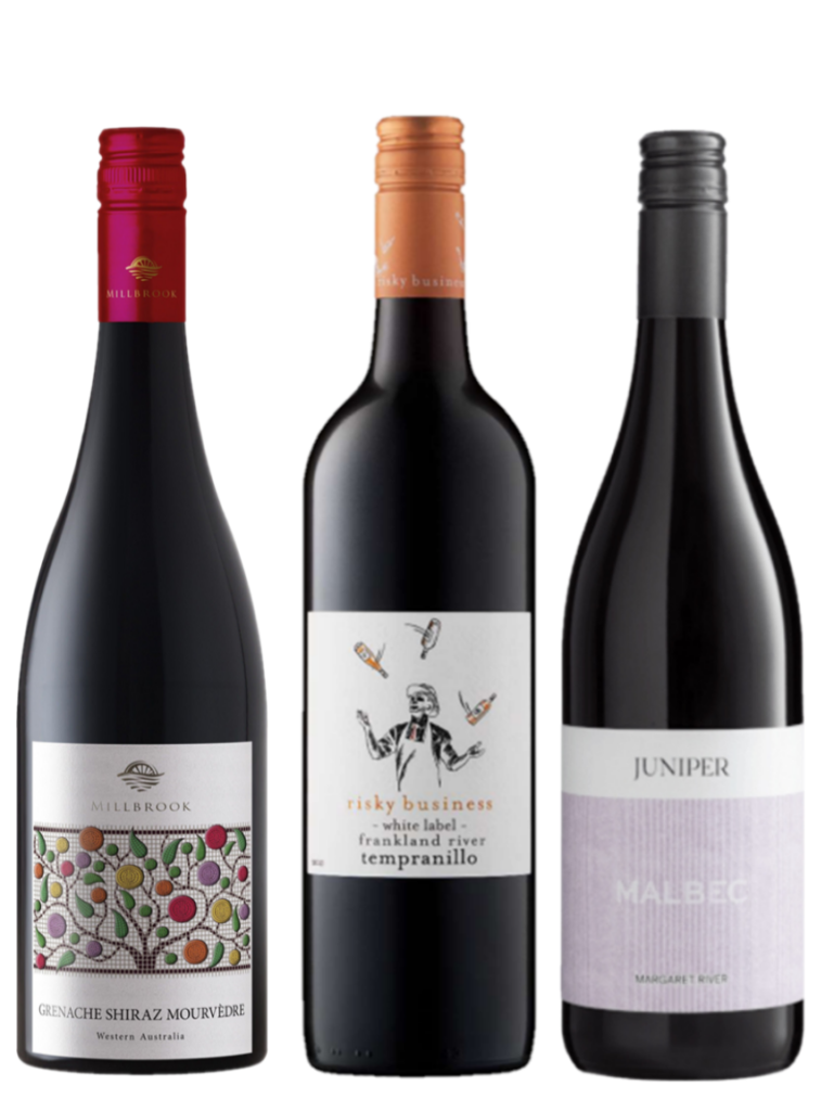 3 bottles of wine. Millbrook GSM, Juniper Malbec, Risky Business Tempranillo