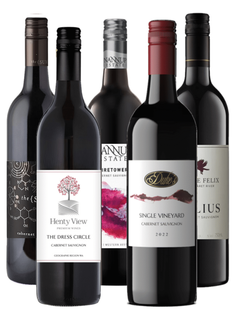 wine bottles from Castelli, Vasse Felix, Duke's Nannup Estate all in a wine box from partners in wine WA