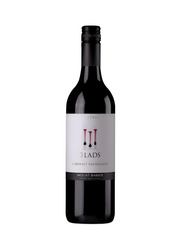 bottle of gilbert wines 3 lads cabernet sauvignon. Label says 3 lads. Bottle is on a white background.