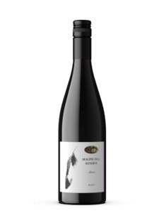 bottle of wine, Duke's Magpie Hill Shiraz on a white background.