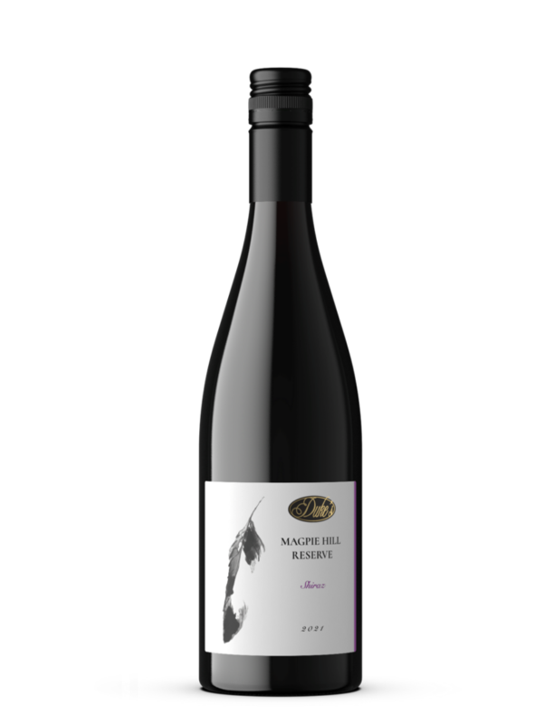 bottle of wine, Duke's Magpie Hill Shiraz on a white background.