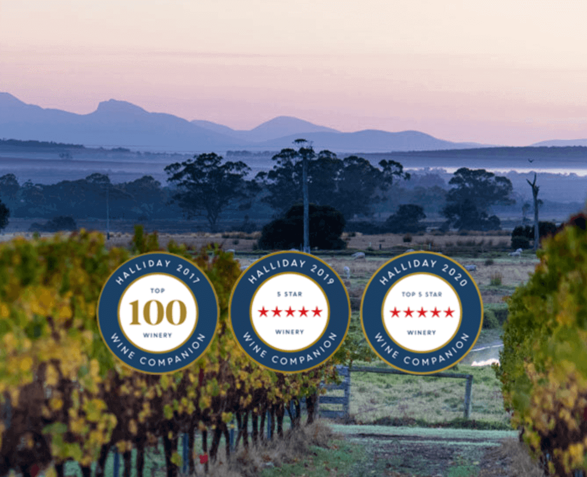 duke's vineyard, porongurup wine region. Shows the vineyard against the backdrop of the porongurup mountain ranges, also shows the halliday wine scores.