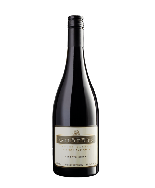 bottle of gilberts mount barker reserve shiraz from western australia. Bottle is on a white background.