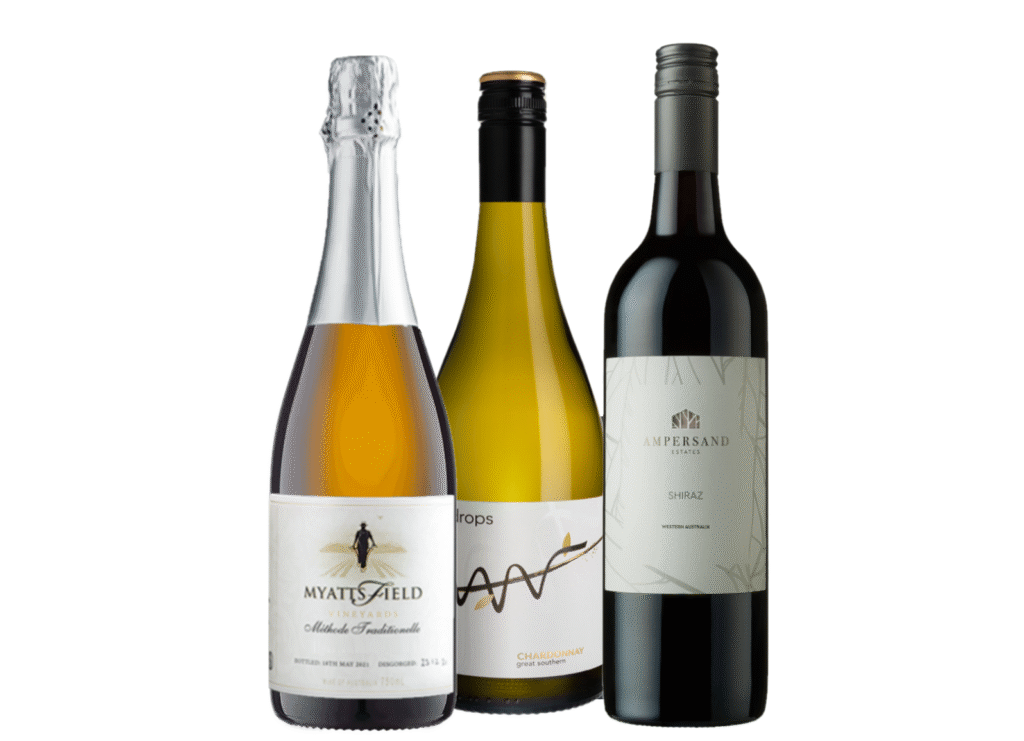 3 excellent wines in a wine pack. Myattsfield sparkling, 3drops Chardonnay & Ampersand Shiraz