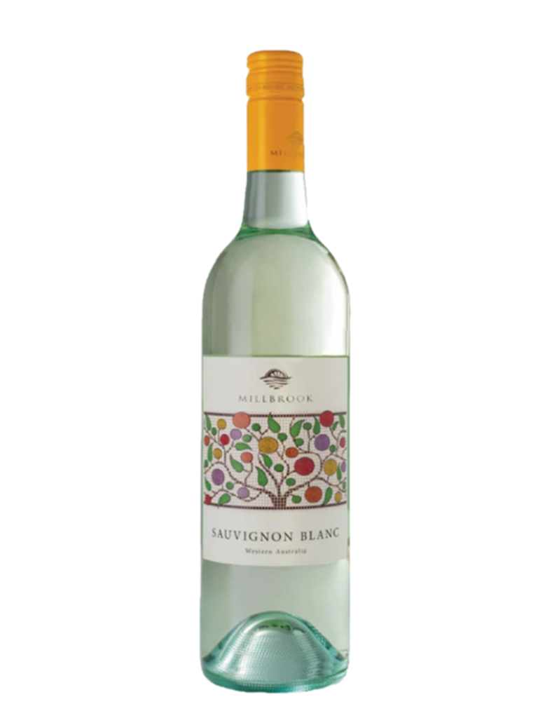 a bottle of wine from Millbrook winery in Jarrahdale, Western Australia. The bottle of wine is a Sauvignon blanc.