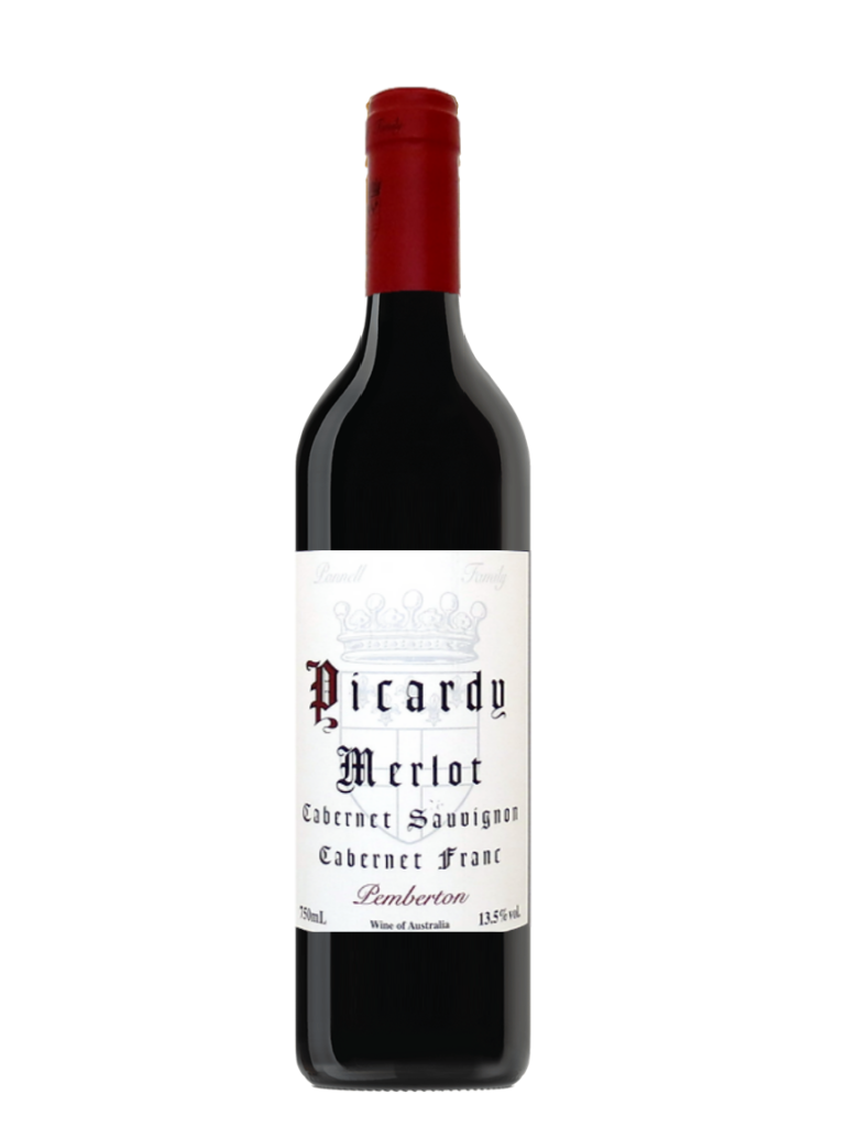 bottle of picardy merlot, cabernet sauvignon, cabernet franc wine blend, pemberton western australia.