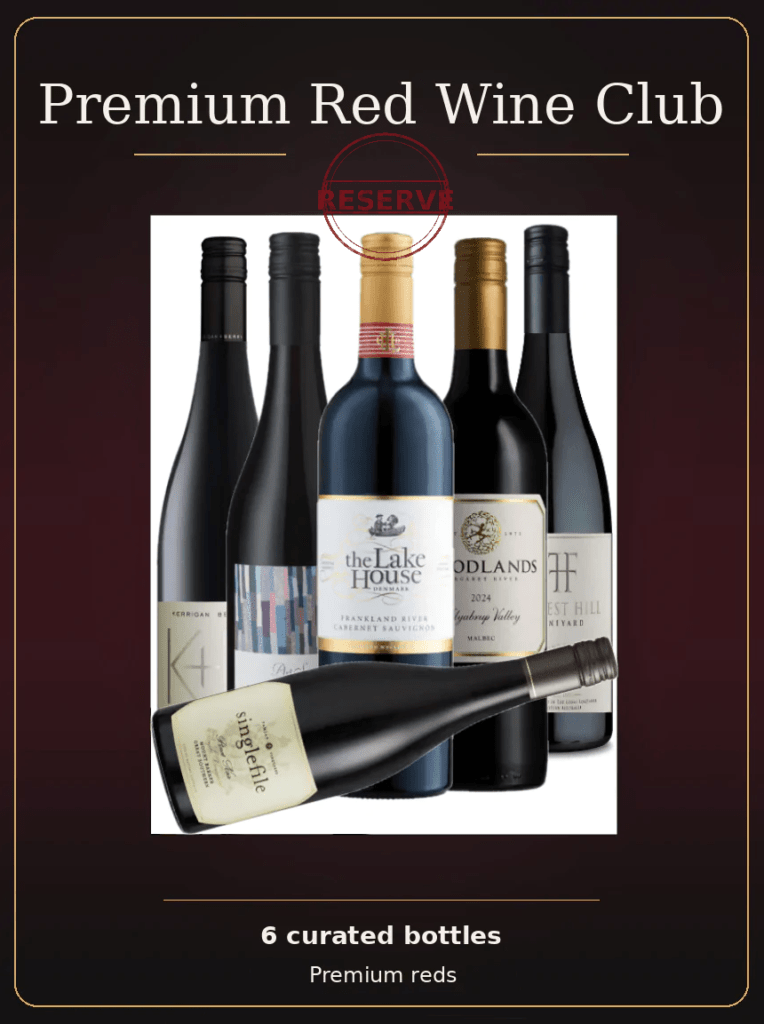 partners in wine wa premium red wine club, features 6 bottles of premium red wine from vasse felix, leeuwin estate, lake house, woodlands & singlefile wineries.