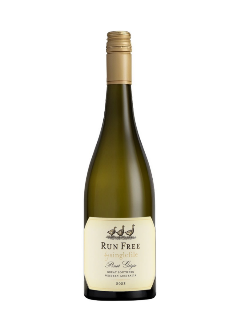 bottle of wine, Singlefile wines run free Pinot Grigio.