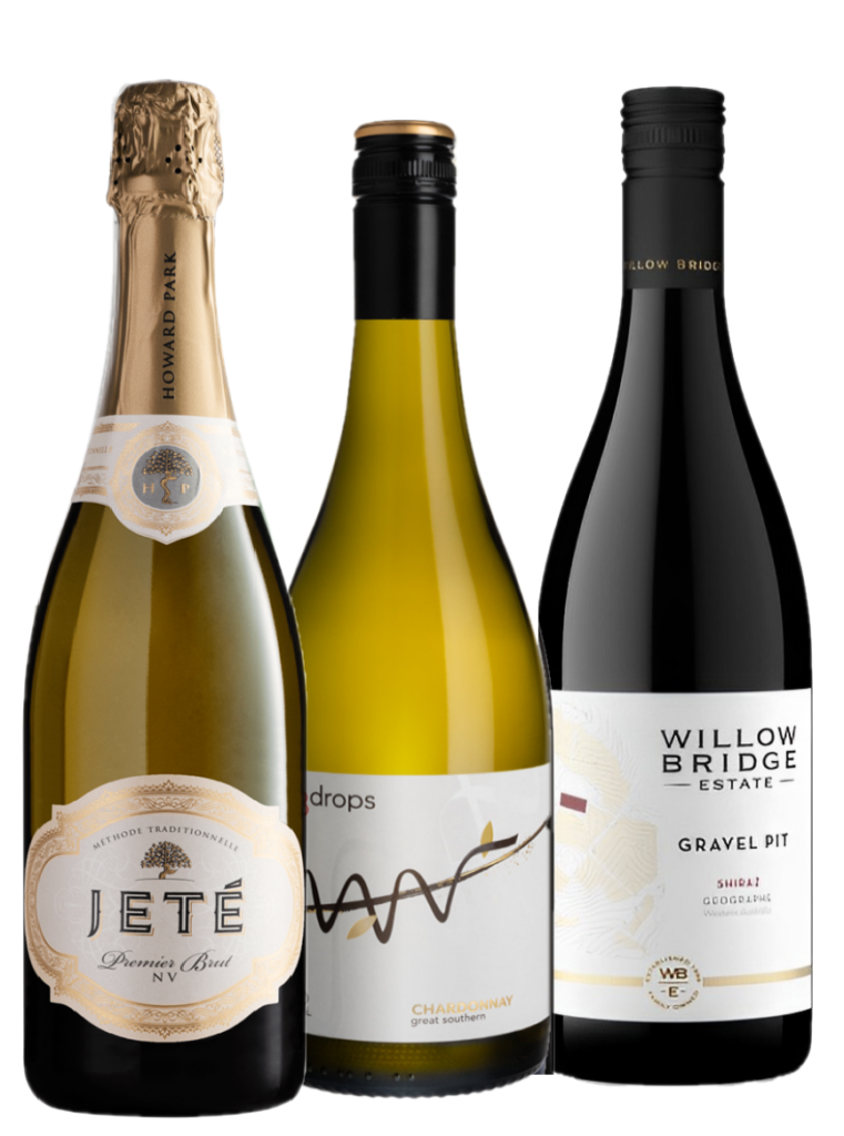 the partners in wine WA triple pour perfection wine pack which contains howard park sparkling, 3drops chardonnay and Willow Bridge Shiraz