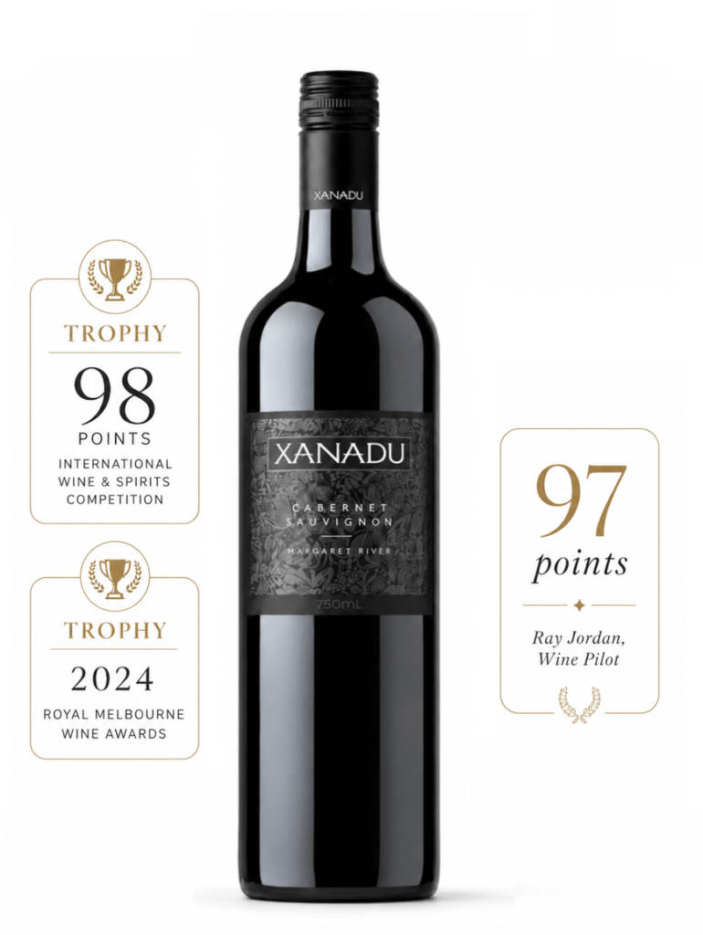 Canadu Cabernet Sauvignon 2023 wine bottle and shows the various awards