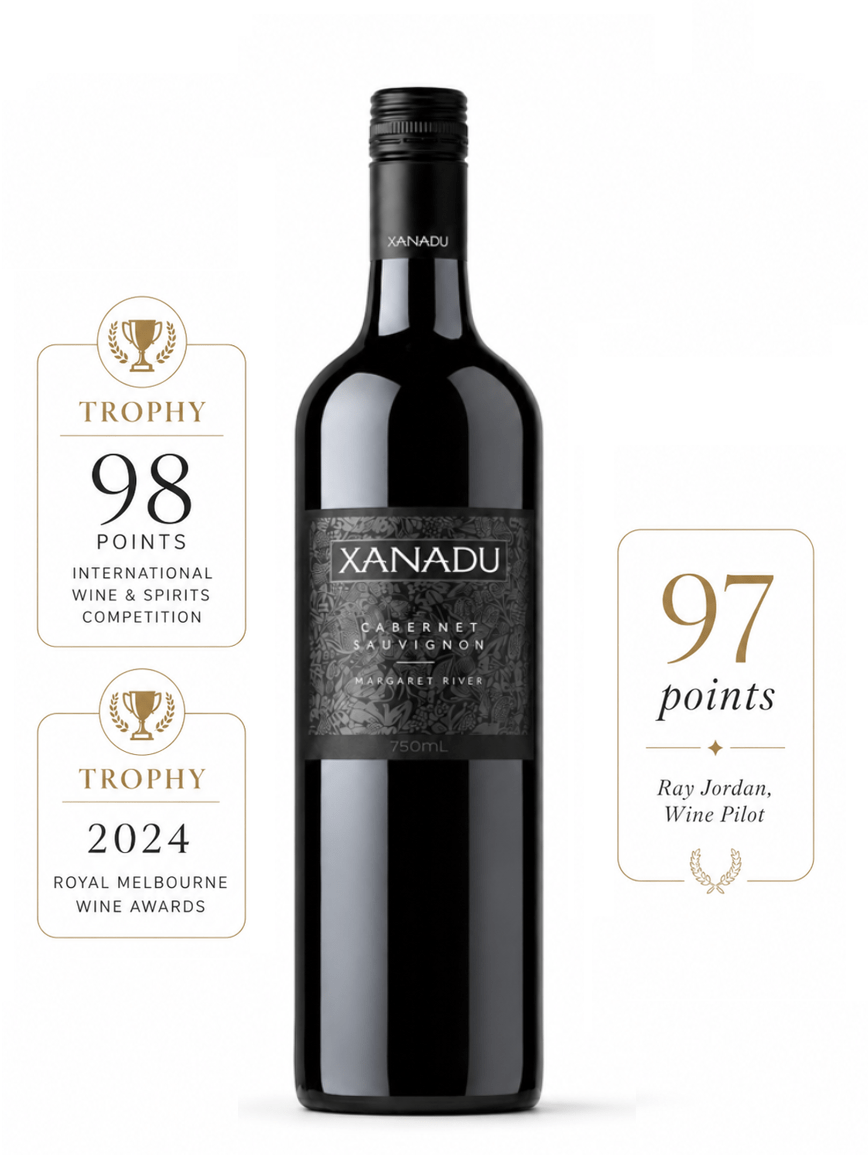 Canadu Cabernet Sauvignon 2023 wine bottle and shows the various awards