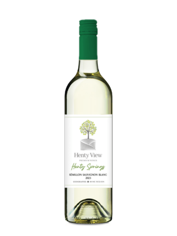 A bottle of wine from Henty View Winery. Label reads semillon sauvignon blanc.