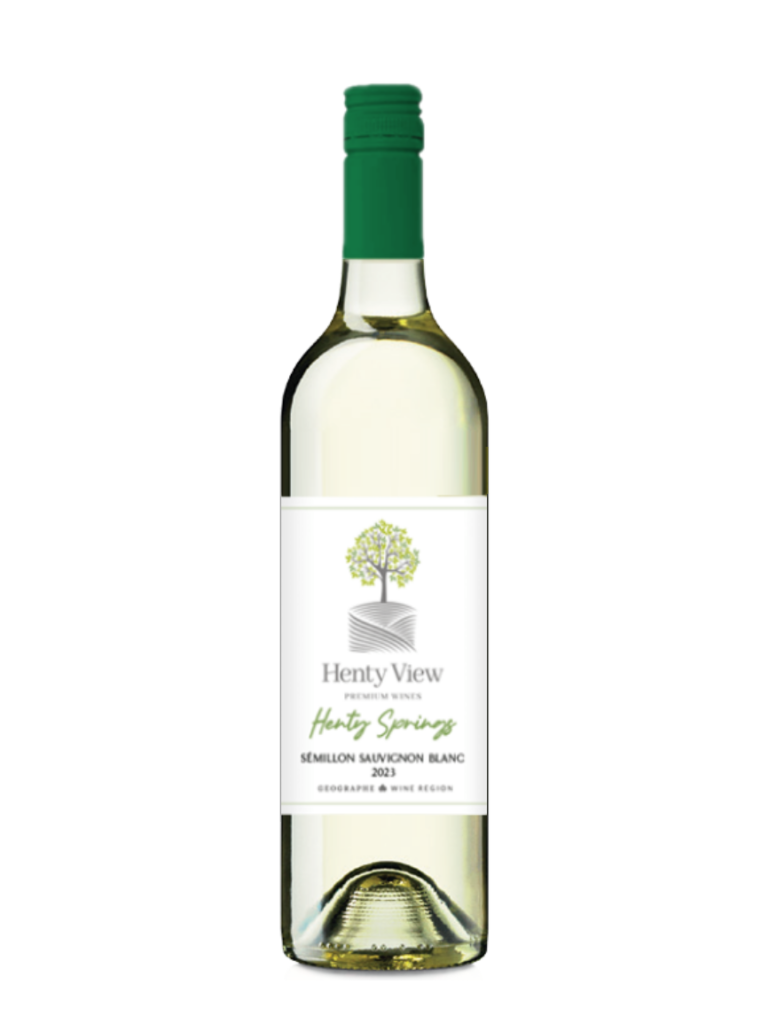 A bottle of wine from Henty View Winery. Label reads semillon sauvignon blanc.