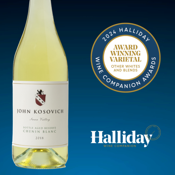 bottle of john kosovich chenin blanc, swan valley. Shows it winning a halliday wine award