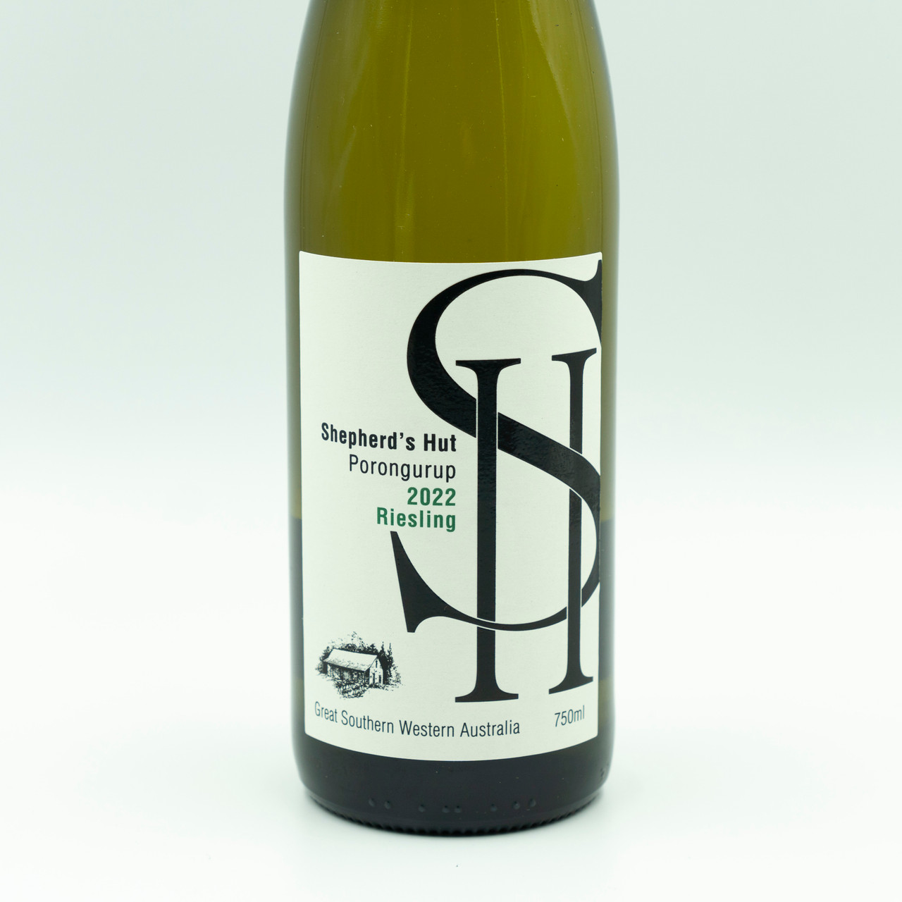 bottle of shepherd's hut riesling, zoomed in on the label.