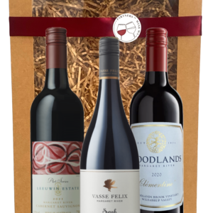 the best red wine gift you will find. Leeuwin Estate Art series Cabernet, Vasse Felix Premier Syrah and Woodlands clementine in a gift box.