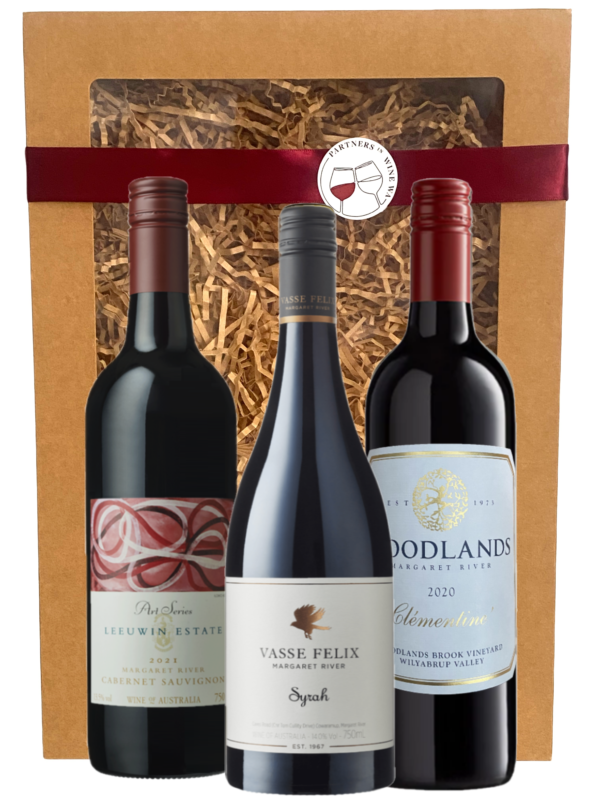 the best red wine gift you will find. Leeuwin Estate Art series Cabernet, Vasse Felix Premier Syrah and Woodlands clementine in a gift box.