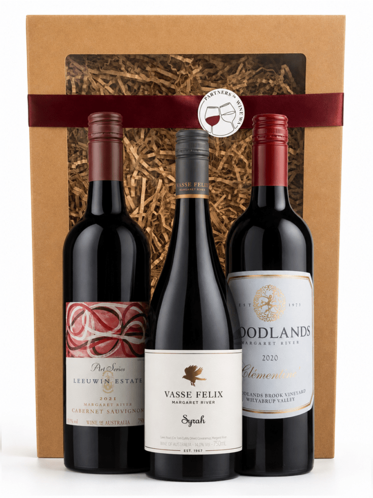 Leeuwin art series cabernet, woodlands clementine and Vasse Syrah in a gift box