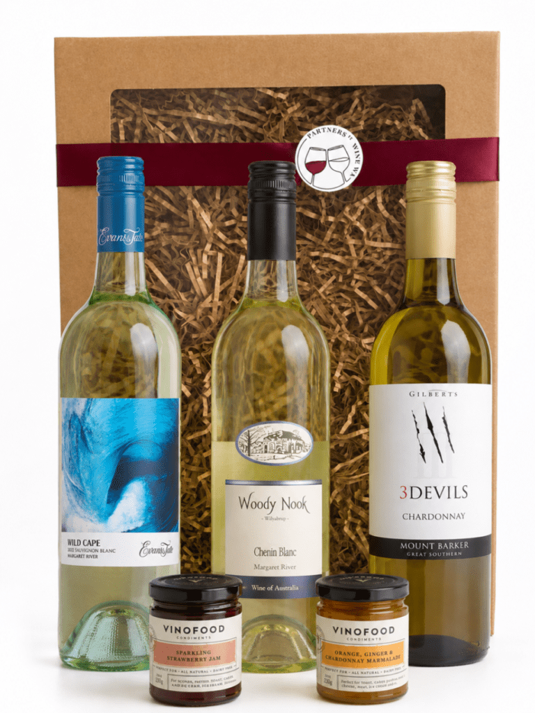 white wine gift box featuring woody nook chenin blanc, Gilberts chardonnay & Evans & tate Sauvignon blanc
