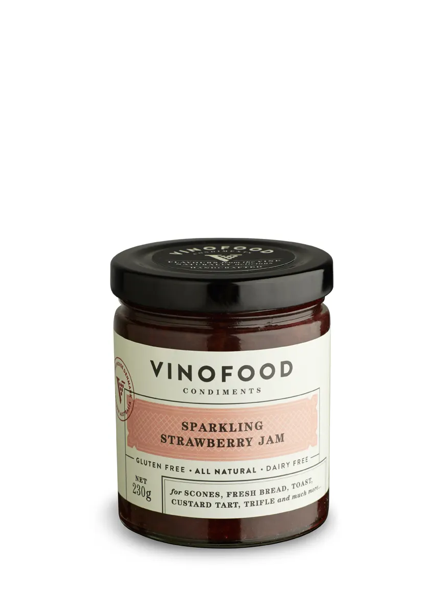 bottle of Vinofood Gourmet Strawberry Jam - Infused with Sparkling Wine