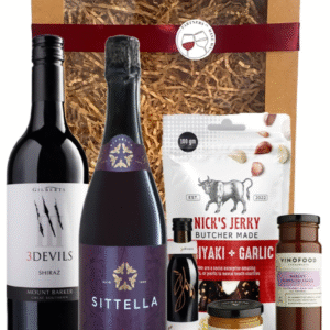 Red wine gift box featuring Gilberts 3 devils shiraz & Sittella Sparkling shiraz wine bottles, with a ribbon and partners in wine wa sticker
