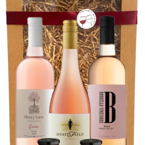 wine gift box of rose featuring wines from, Myattsfield in the Perth Hills, Henty View Wines in Geographe & Borrello in the Swan Valley