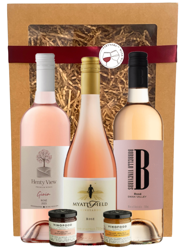 wine gift box of rose featuring wines from, Myattsfield in the Perth Hills, Henty View Wines in Geographe & Borrello in the Swan Valley