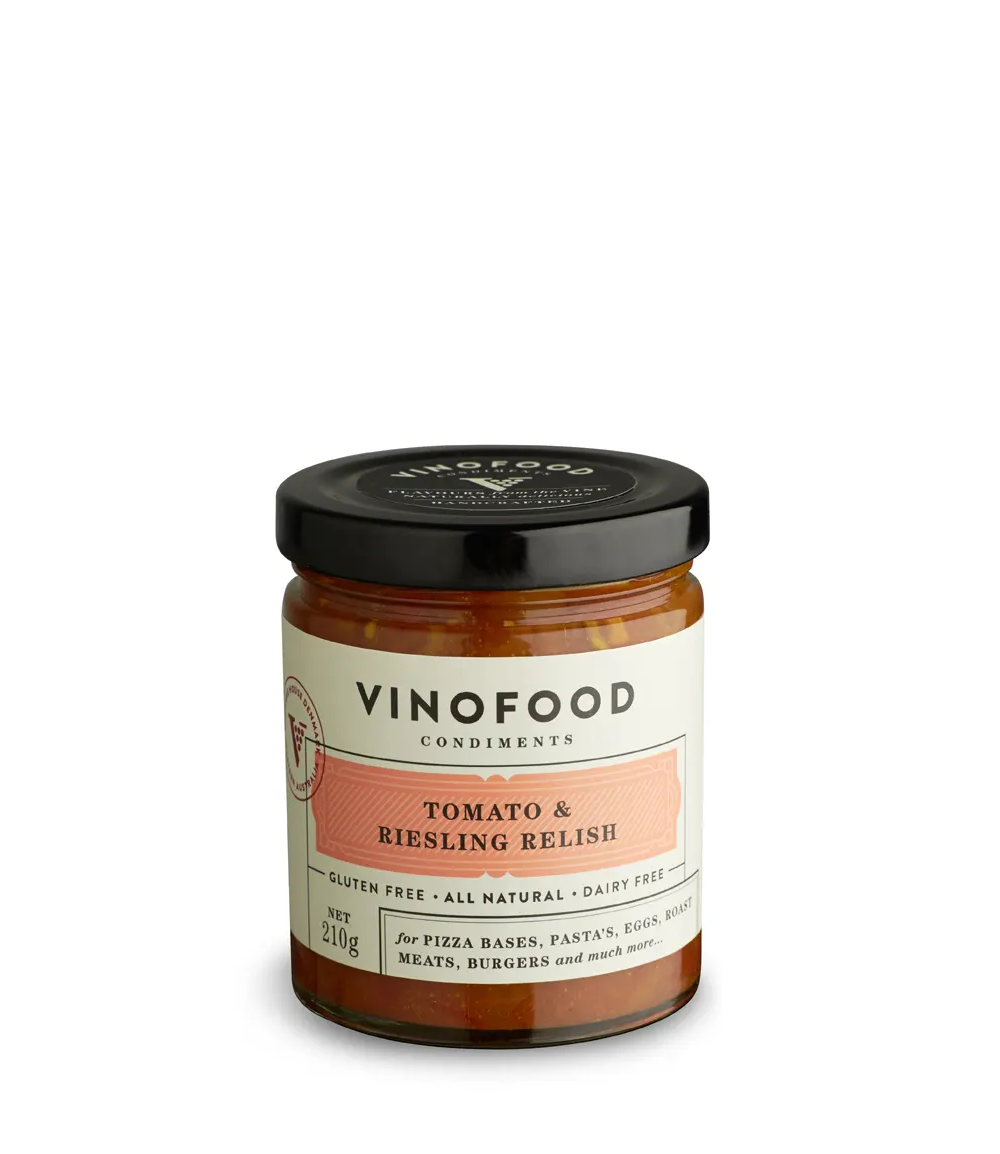 bottle of Vinofood Tomato & Riesling Relish 