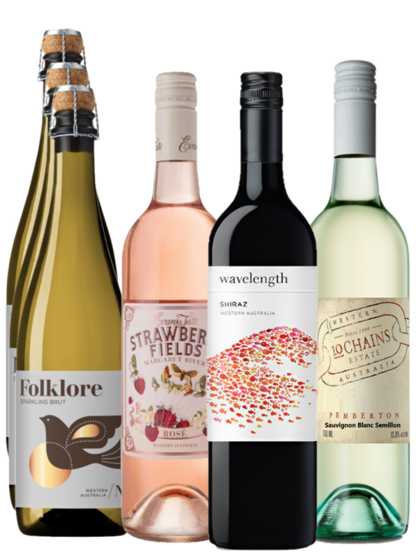 wine party pack western australia, shows 4 bottles of wines from 10 chains, evans & tate, folklore cherubino and wavelength.