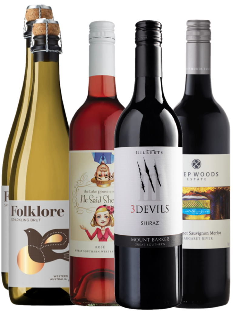 wine party pack which contains Folklore Sparkling, Lake House Rose, 3 Devils Shiraz from Gilberts winery & Deep Woods Estate Cabernet merlot Malbec.