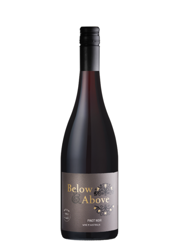 bottle of below and above pinot noir wine bottle.