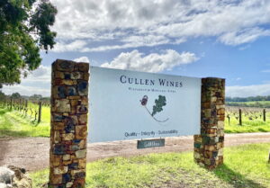 cullen wines, margaret river. front entrance to the winery with the sign saying cullen wines.