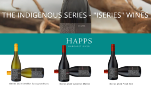 bottles of the happs iseries range of wines. Semillon Sauvignon Blanc, Pinot Noir, Cab Merlot & east of alice red blend. Margaret river wine region.