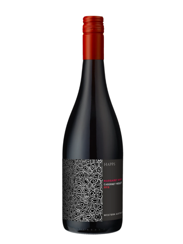 bottle of happs iseries cab merlot wine, margaret river wine region of western australia.
