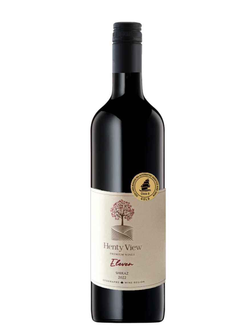henty view eleven shiraz wine bottle, with gold award label