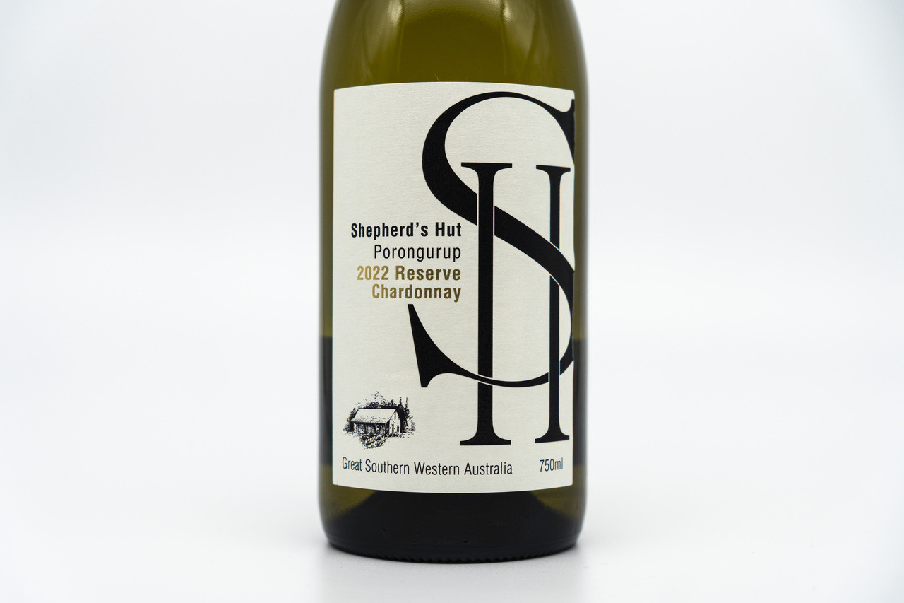 bottle of shepherd's hut chardonnay, zoomed in on the label.