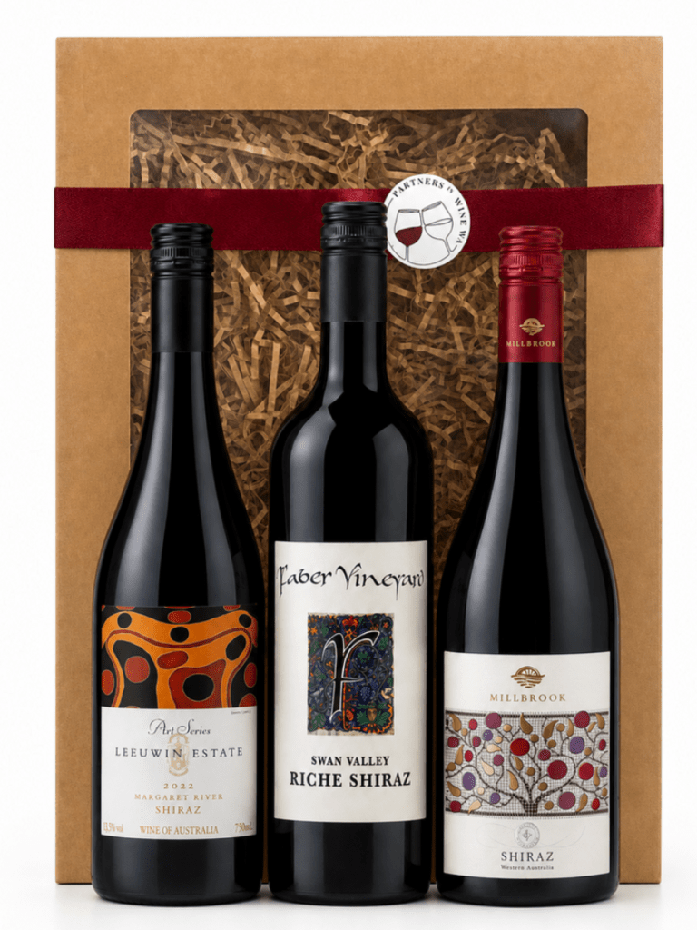 Leeuwine estate art series shiraz, faber riche shiraz, millbrook shiraz, all in a gift box from partners in wine wa