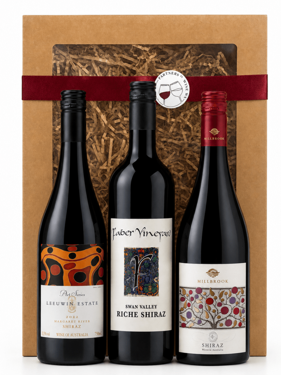 Leeuwine estate art series shiraz, faber riche shiraz, millbrook shiraz, all in a gift box from partners in wine wa