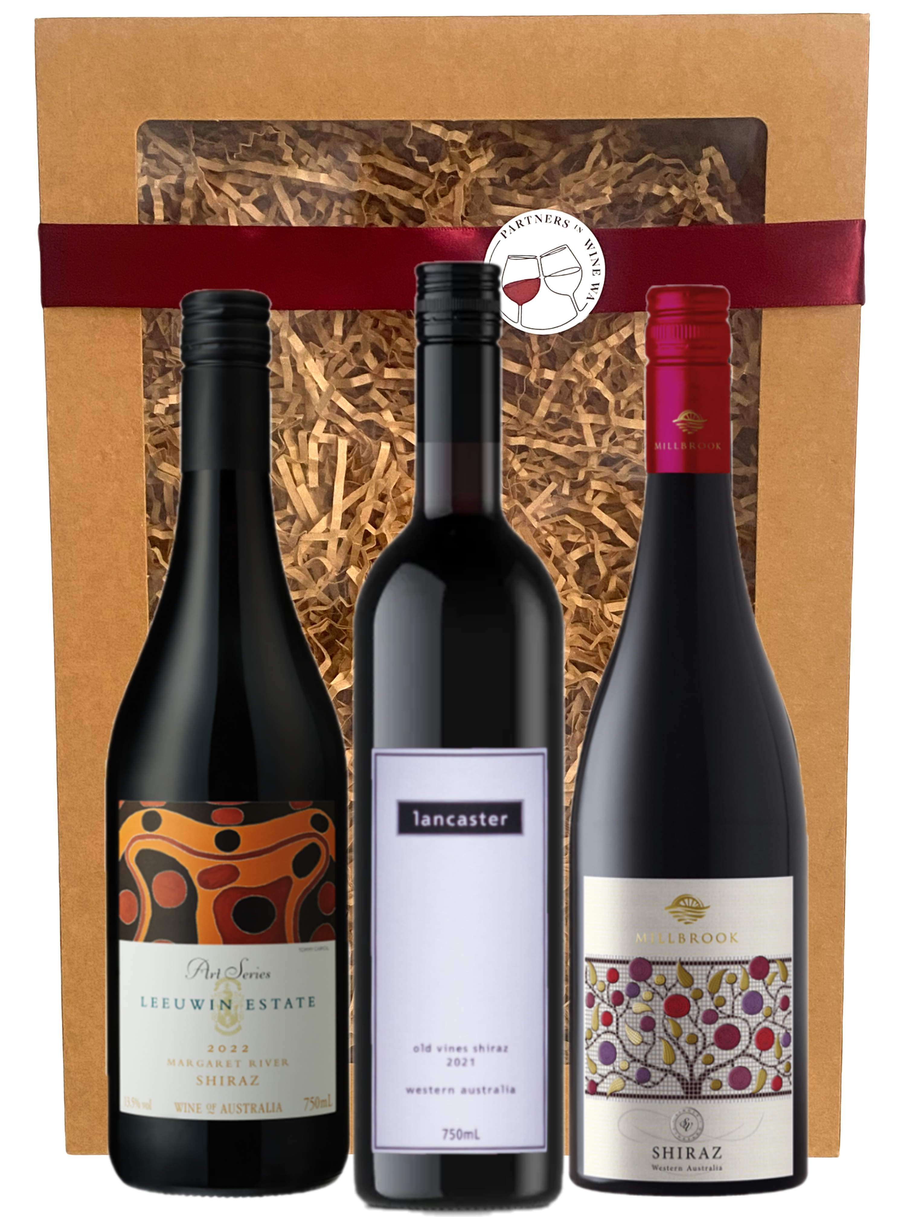 A premium shiraz wine gift. Bottles of Leeuwin Estate Art series Shiraz, Millbrook Shiraz & Lancaster old vines shiraz.