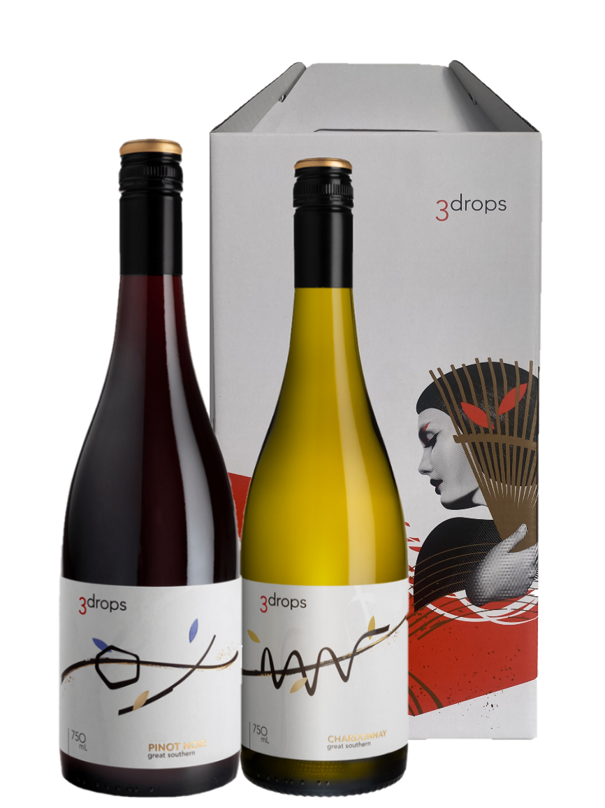 bottles of 3drops chardonnay & pinot noir in a 3drops gift box