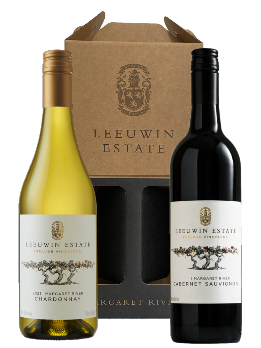 leeuwin estate wine gift pack, with a bottle of leeuwin estate chardonnay and cabernet sauvignon. Leeuwin Estate gift box in the foreground.