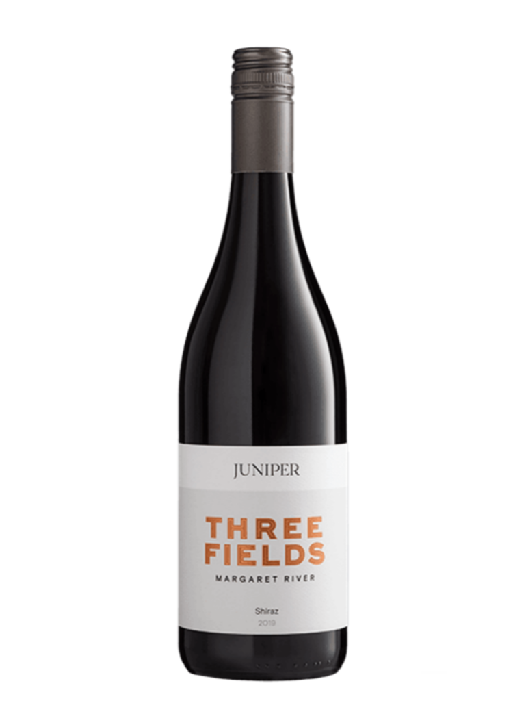 bottle of juniper three fields shiraz, margaret river wine region of western australia.