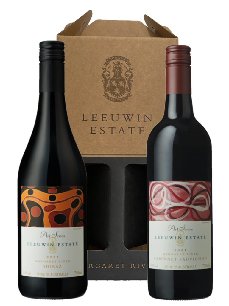 leeuwin estate gift box in the background, with a bottle of leeuwin estate Shiraz on the left and a bottle of art series Cabernet on the right.