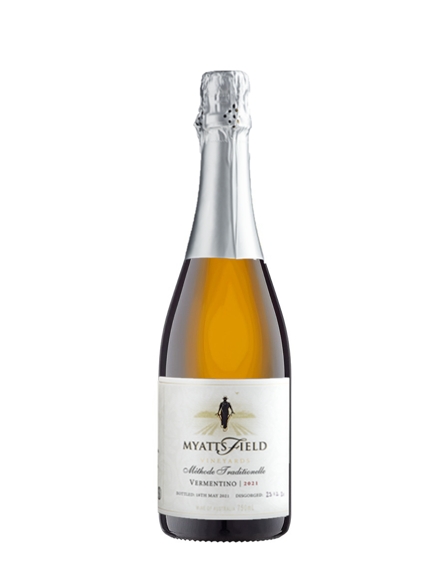 bottle of myattsfield sparkling vermentino on a white background.