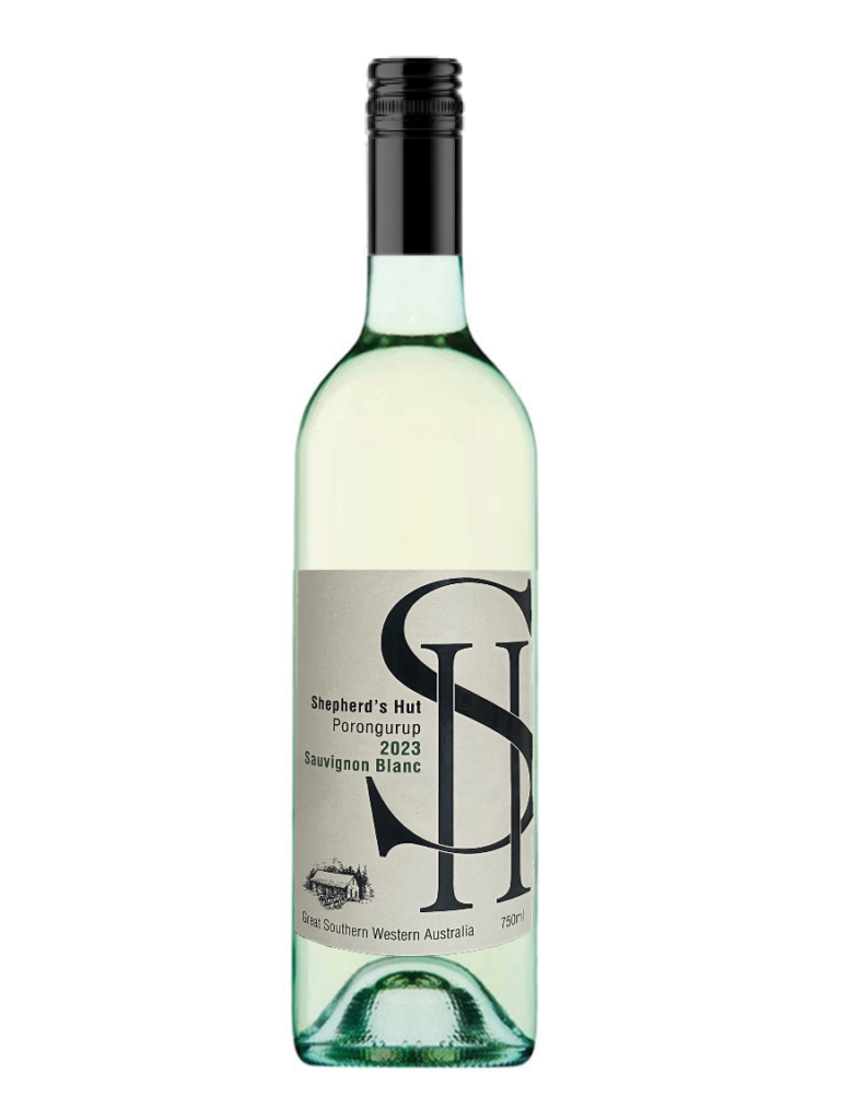 a bottle of shepherd's hut sauvignon blanc wine, from western australia.