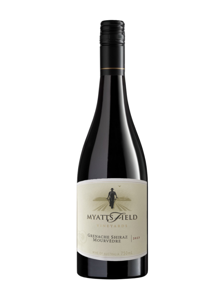 A bottle of wine from Myattsfield Vineyard. The wine bottle is a Grenache, Shiraz & Mouvedre blend (GSM)