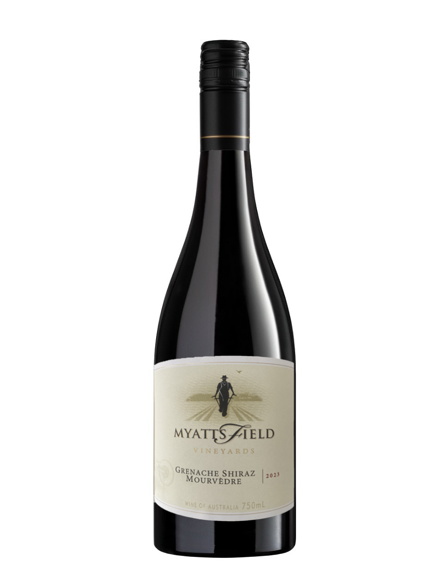 A bottle of wine from Myattsfield Vineyard. The wine bottle is a Grenache, Shiraz & Mouvedre blend (GSM)