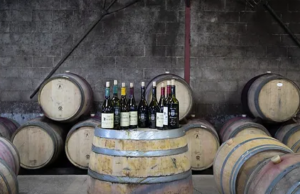 the selection from picardy winery. Wine bottles sitting on an oak barrel.